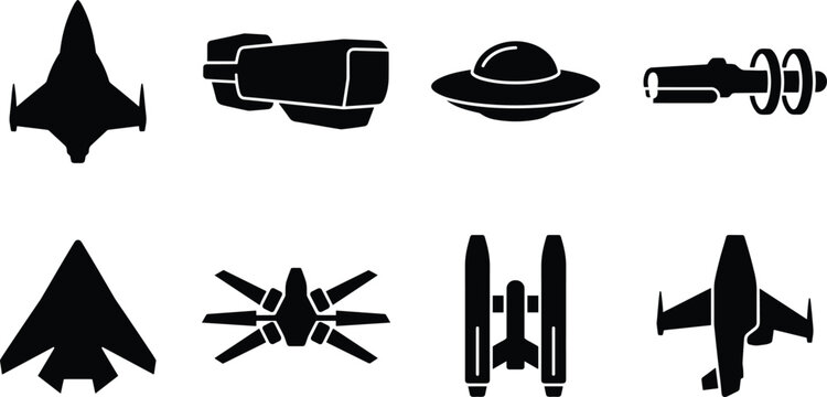 Sci-fi spaceship and alien ufo vector silhouette icons set for futuristic commercial game graphic design