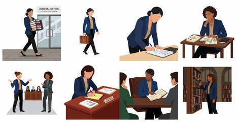 Fototapeta premium Professional female lawyers and judges performing legal duties in various settings flat vector illustration collection