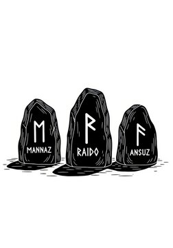 Viking Runestones Set with Mannaz Raido and Ansuz Symbols Hand Drawn Black and White Illustration
