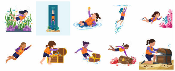 Fototapeta premium Set of flat vector illustrations featuring young girls diving underwater and discovering hidden treasure chests