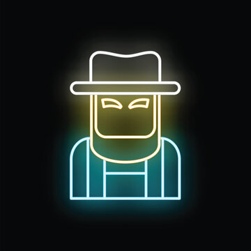 Amish man wearing a hat and beard glowing in a colorful neon sign icon