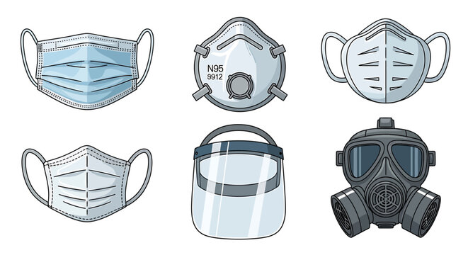 Various protective face masks and respirators on display for safety.