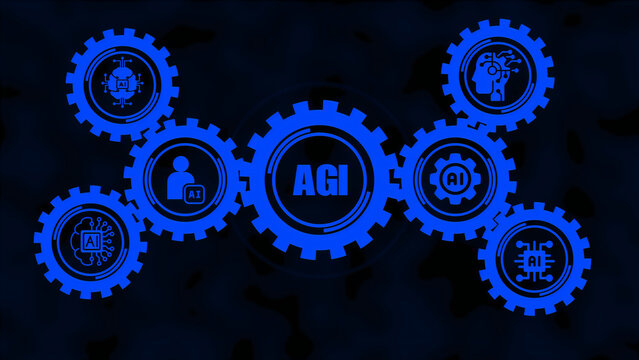 A central gear labeled agi surrounded by smaller interlocking gears displaying artificial intelligence like a brain, a chip, a person, and a cloud on a deep blue background