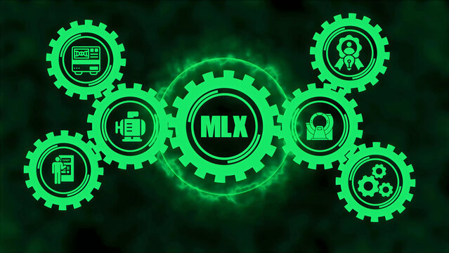 A central gear labeled mlx surrounded by smaller interlocking gears displaying of a computer, a person, a motor, a scanner, and gears in a vibrant green neon light style