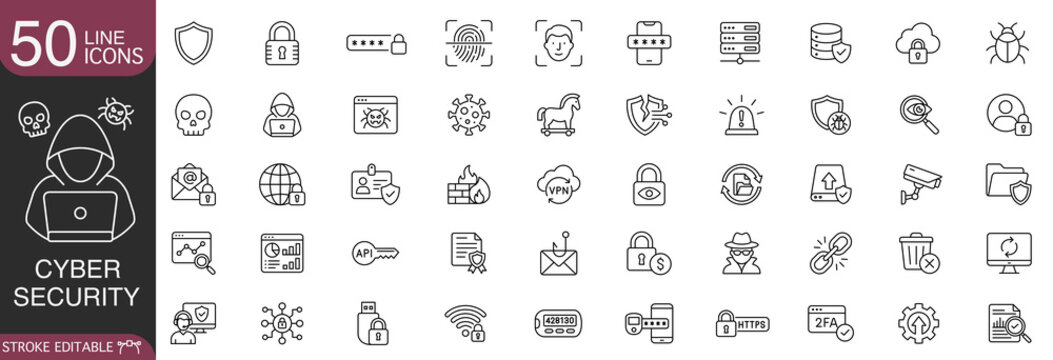 Cyber security and data protection editable stroke line icon vector set.