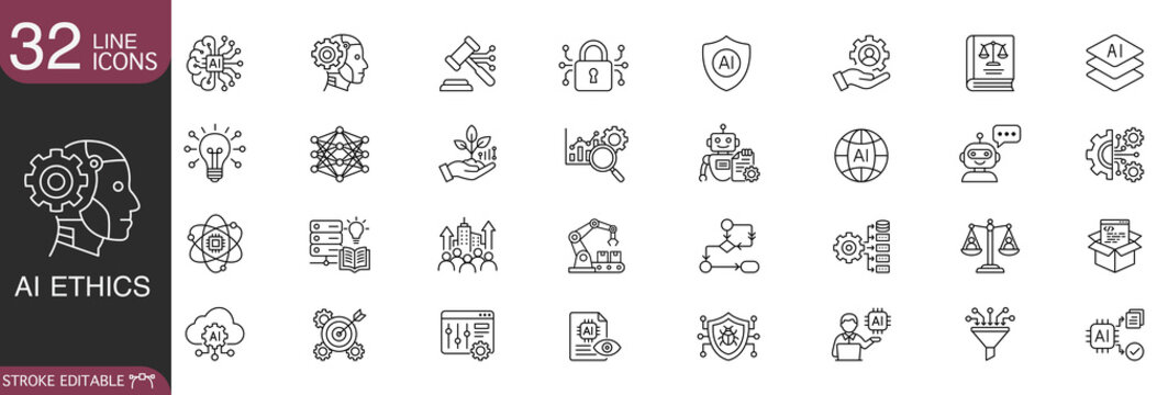 AI ethics and artificial intelligence regulation line icon set with editable stroke.