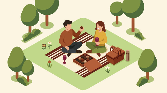 Couple Enjoying an Isometric Park Picnic with Chocolate Wine and Basket for Romantic Outdoor Lifestyle Design