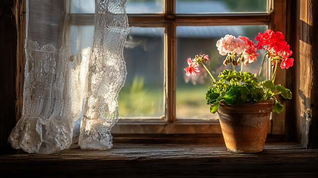 Potted geranium flowers in a clay pot on a wooden windowsill with lace curtain, sunlight illuminating the scene and greenery visible outside the rustic window