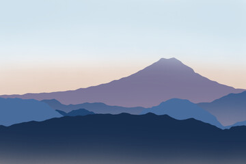 Obraz premium Beautiful minimalist mountain landscape illustration with layered blue ridges and hills under a soft pastel twilight sky at sunrise or sunset.