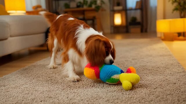 HD overhead home video, Cavalier King Charles Spaniel biting plush toy on living room carpet, fixed top-down shot with warm floor lamp light, lifelike daily indoor pet record footage
