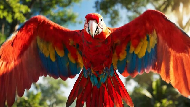 Scarlet macaw flying through lush tropical jungle canopy.