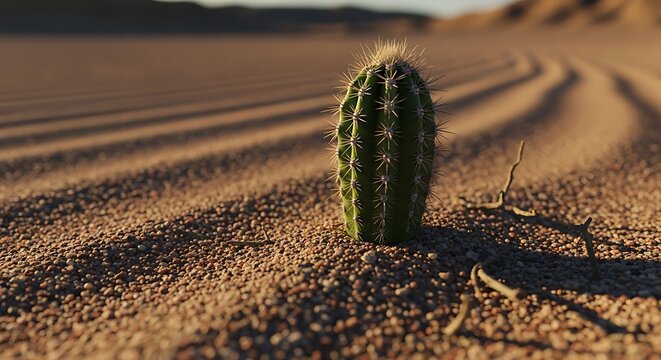 Small Green Cactus Growing in Desert Sand at Golden Hour, Resilient Arid Landscape with Natural Sunlight, Survival and Drought Tolerance Concept