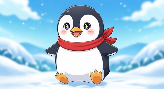 Cute Kawaii Penguin Character Wearing Red Scarf in Snowy Winter Landscape, Adorable Anime Style Cartoon Illustration for Kids and Seasonal Designs