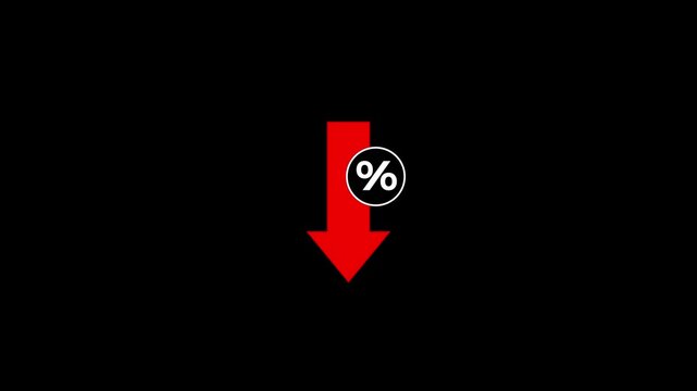 Animated Percentage Decrease Red Arrow Icon on Isolated Black Background 4k video animation.