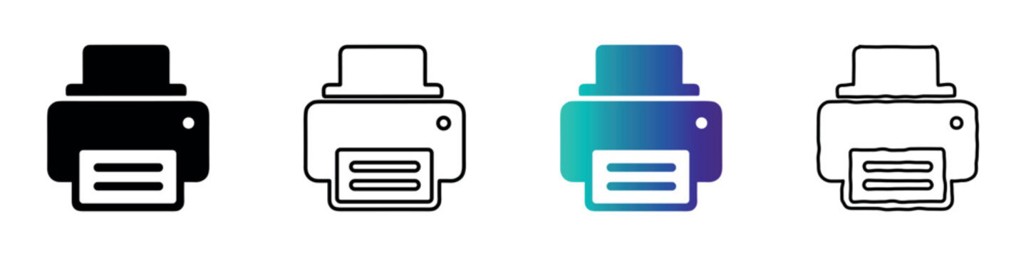 Stylized printer icons in various designs and colors