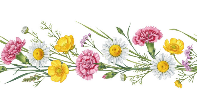 detailed watercolor botanical border illustration of meadow wildflowers (chamomile, pink carnations, buttercups) with soft washes, isolated on a bright white background. Concept of serene floral
