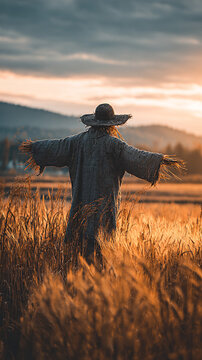Scarecrow figure wearing a straw hat and a long coat stands in a golden wheat field at sunset, with distant mountains and a cloudy sky in the background