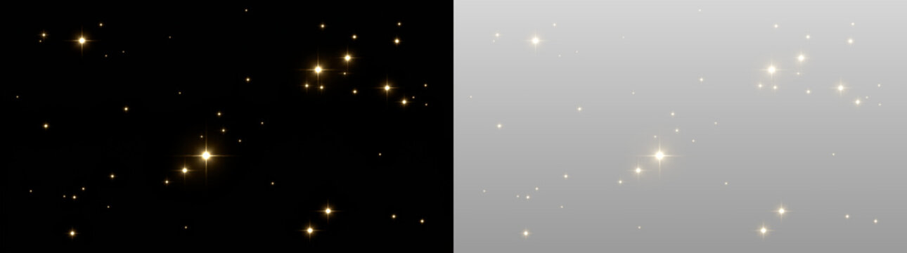 golden glowing stars on black background, night sky with shining stars, starfield background for decoration and design