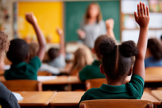 Elementary School Children in Green Uniforms Raising Hands in Classroom with Teacher