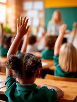 Elementary School Children in Green Uniforms Raising Hands in Classroom with Teacher
