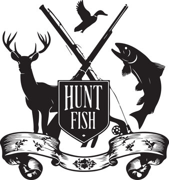 Hunt and fish emblem with deer, salmon, rifle, and duck illustration