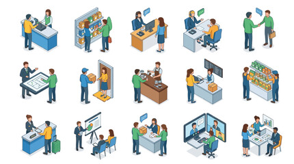 Fototapeta premium Minimalist Illustrations of Diverse Office and Business Interaction Scenes with Professionals in Blue Green Yellow Outfits