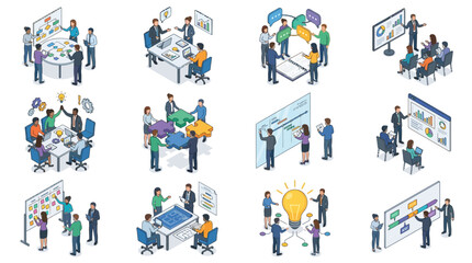 Fototapeta premium Professional Illustrated Guide to Diverse Team Collaboration and Brainstorming Techniques in Modern Office Environments