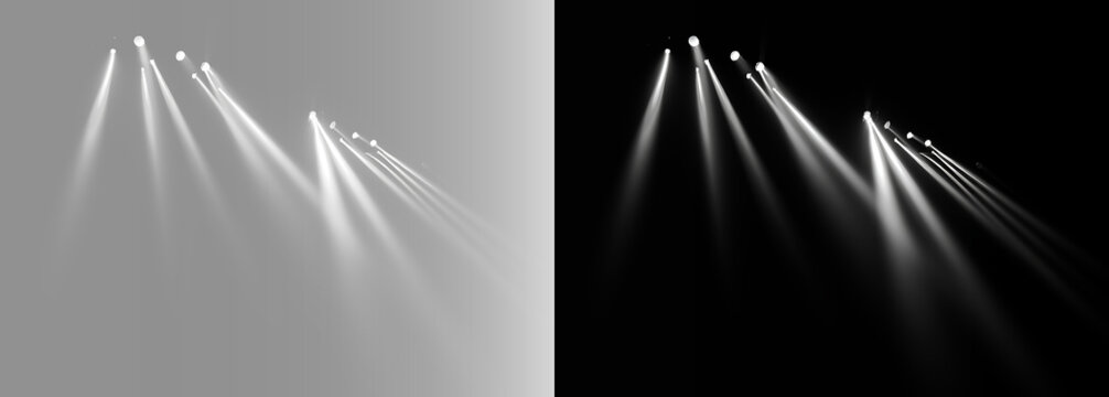 Stage spotlights on gray and black background, white theater light beams texture, concert illumination asset, minimal studio lighting 