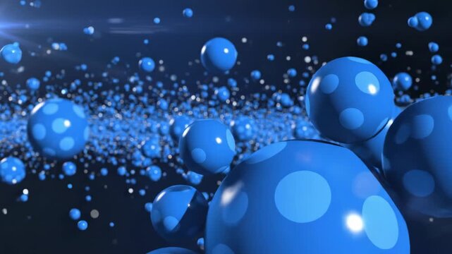 A digital illustration of various sized blue spheres with reflective surfaces scattered across a dark blue background, with a white border at the bottom