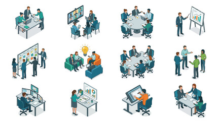 Fototapeta premium Sleek Illustrations of Modern Business Meetings and Collaborative Work Scenes with Professionals in Suits