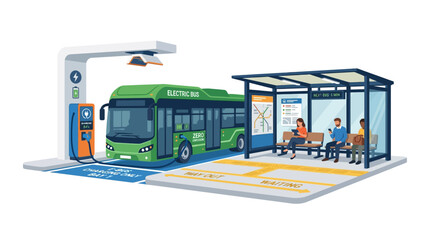 Fototapeta premium Electric Bus Charging at Station with Passengers Waiting - Green Transport