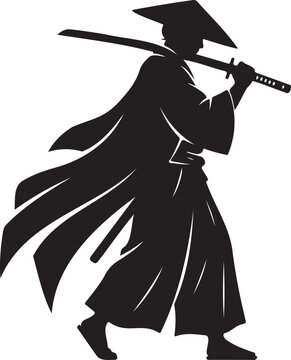 Samurai silhouette vector illustration featuring a traditional Japanese warrior holding a katana sword wearing ronin straw hat isolated on white background for majestic martial arts culture stock grap
