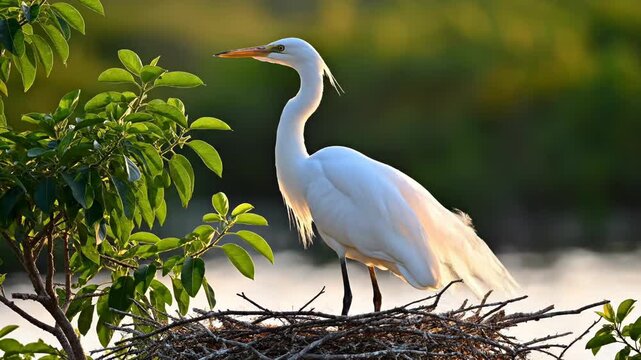 Great egret standing on a nest in lush greenery.
