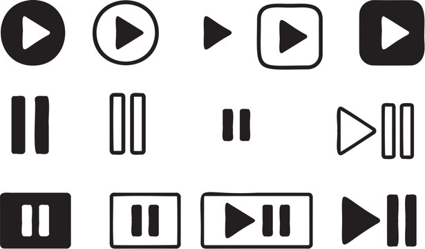 Collection of diverse black and white vector play and pause button icons designed for modern digital user interface navigation systems