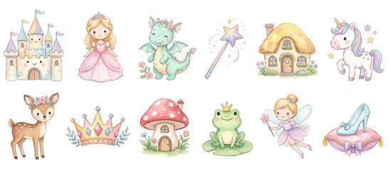 Fototapeta premium Cute fairy tale watercolor characters and magical elements for kids. Collection of Vector illustrations for invitation, card, poster, banner, decoration