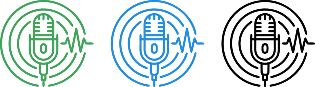 Podcast Microphone with Sound Wave Radio Broadcast Icon Set in Green Blue and Black Line Art Style