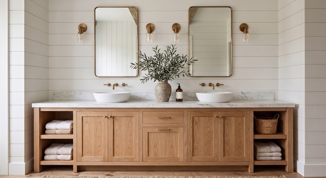 A bathroom with a white oak vanity cabinet, gold faucets, white marble countertop, white shiplap wall, and sconce lights aside gold framed mirrors.