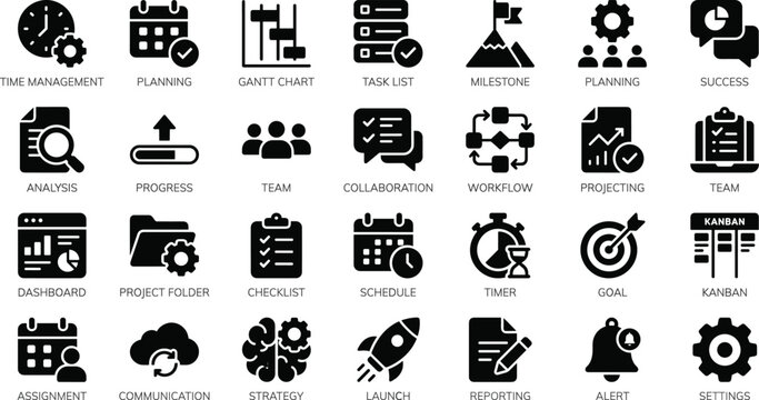 Business and project management icons showing time management planning gantt charts task lists milestones success analysis progress team collaboration workflow projecting dashboard project folder.