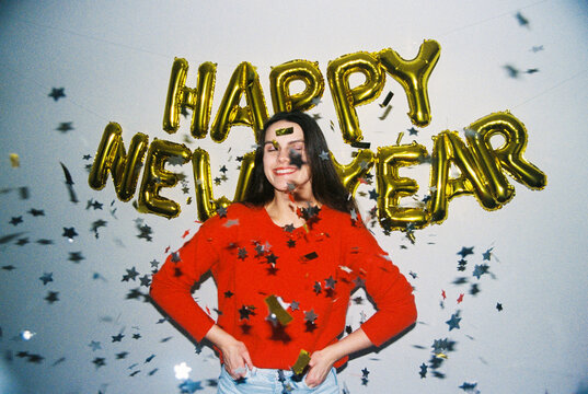 Portrait Woman Celebrating Happy New Year on Film