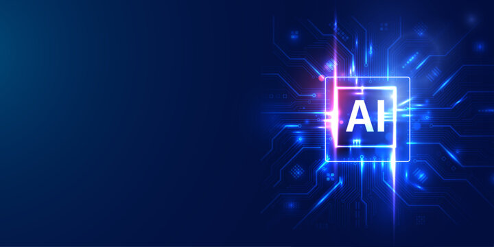 Abstract artificial intelligence background featuring digital chip processor glowing with blue light.