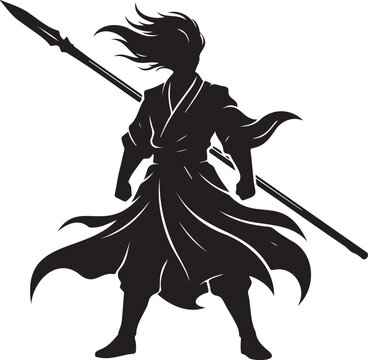 Anime style silhouette of a dark swordsman long hair flowing warrior holding a spear spearman standing in dynamic pose vector graphic isolated on white background for manga gaming logo