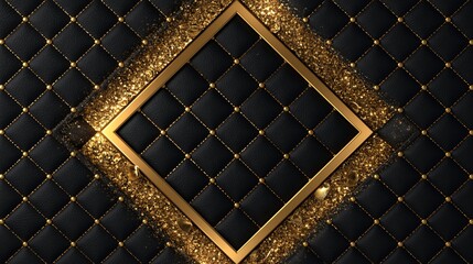 Fototapeta premium Luxurious diamond shaped golden frame set against a dark black quilted leather texture background with sparkling gold glitter decorative elements