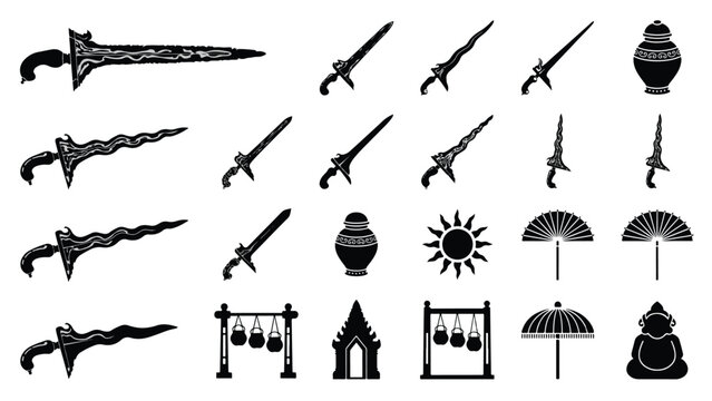 Black silhouettes of Thai culture icons and weapons on white background