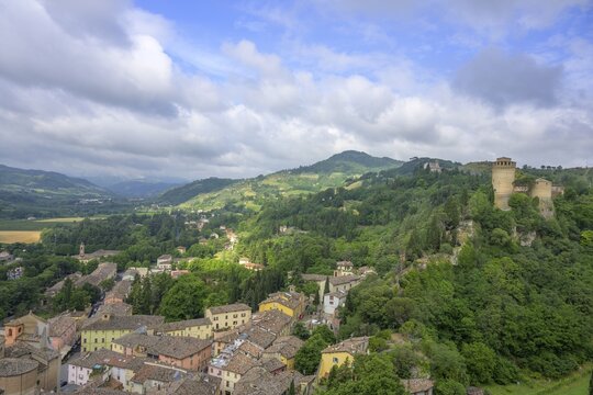 View of the Rocca Veneziani and the town from the clock tower, Brisighella, province of Ravenna, Italy