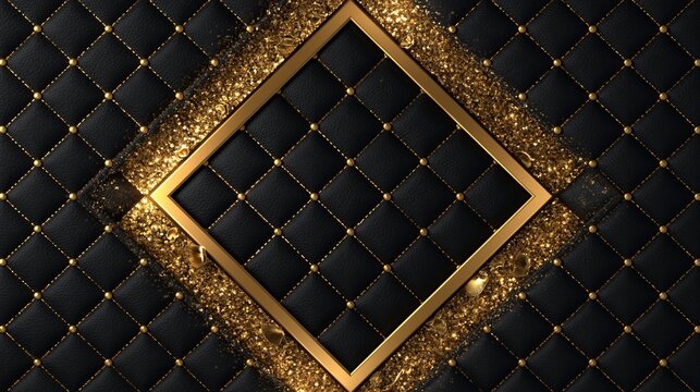Luxurious diamond shaped golden frame set against a dark black quilted leather texture background with sparkling gold glitter decorative elements