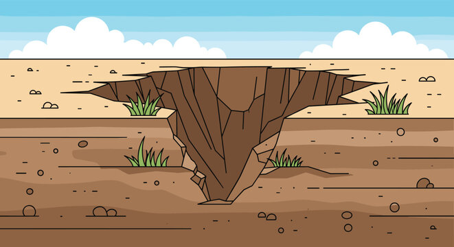 Geological cross-section reveals a deep V-shaped sinkhole or pit in the brown earth with some small grass tufts around the edges.