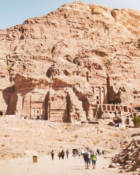 Panoramic view of Petra Royal Tombs including Urn Tomb, Silk Tomb, Corinthian Tomb and Palace Tomb carved into sandstone cliffs. Famous Nabataean burial monuments, UNESCO World Heritage site