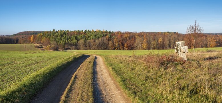 Medieval stone cross on the edge of the field in autumn, dirt road through autumn landscape, S&uuml;hnekreuz, Mordkreuz, Liebenstein, Thuringia, Germany