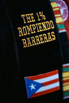 embroidery on graduation regalia of a Latina Puerto Rican doctorate 