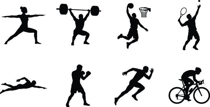 Sports and Fitness Silhouette Vector Set Featuring Yoga, Weightlifting, Basketball, Tennis, Swimming, Boxing, Running, Cycling
